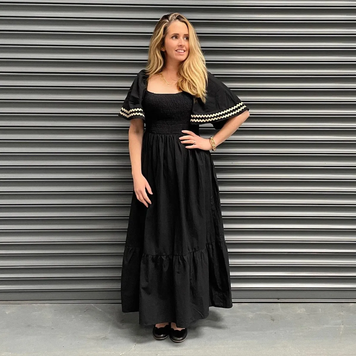 Bell Sleeved Gold Trim Dress Black