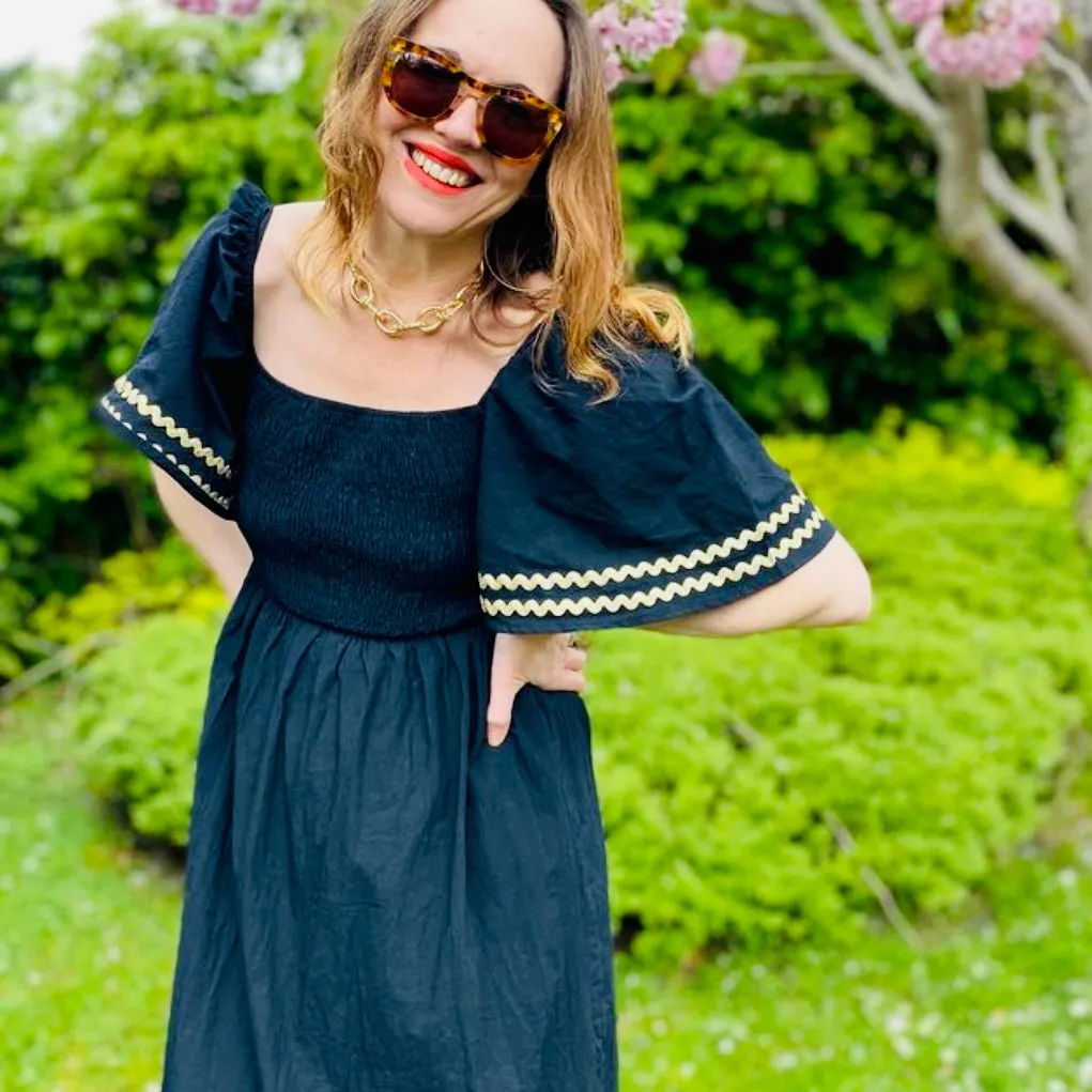 Bell Sleeved Gold Trim Dress Black