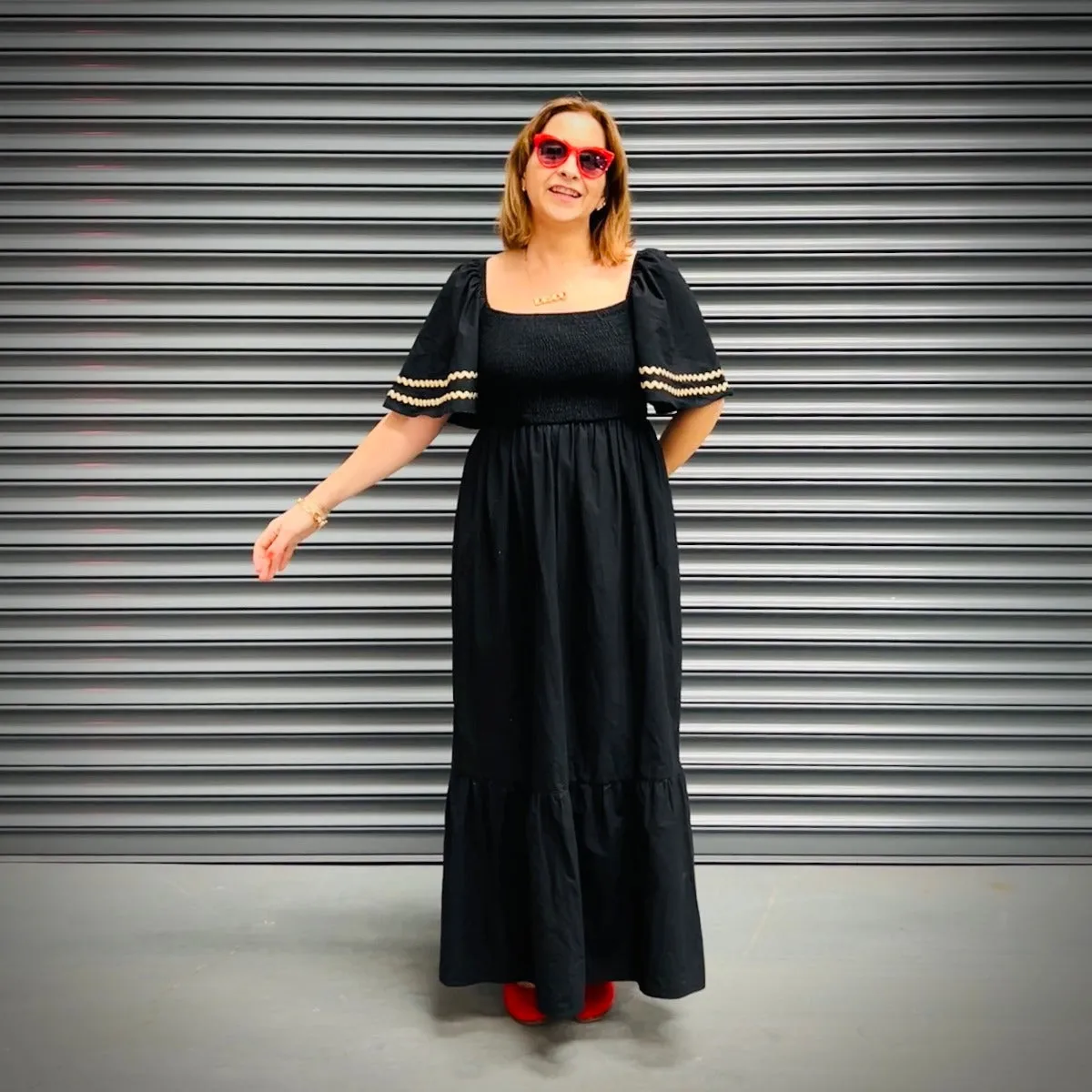 Bell Sleeved Gold Trim Dress Black