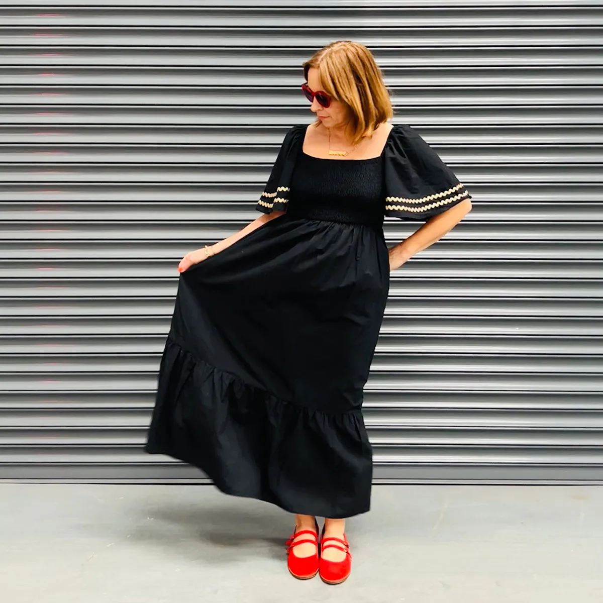 Bell Sleeved Gold Trim Dress Black