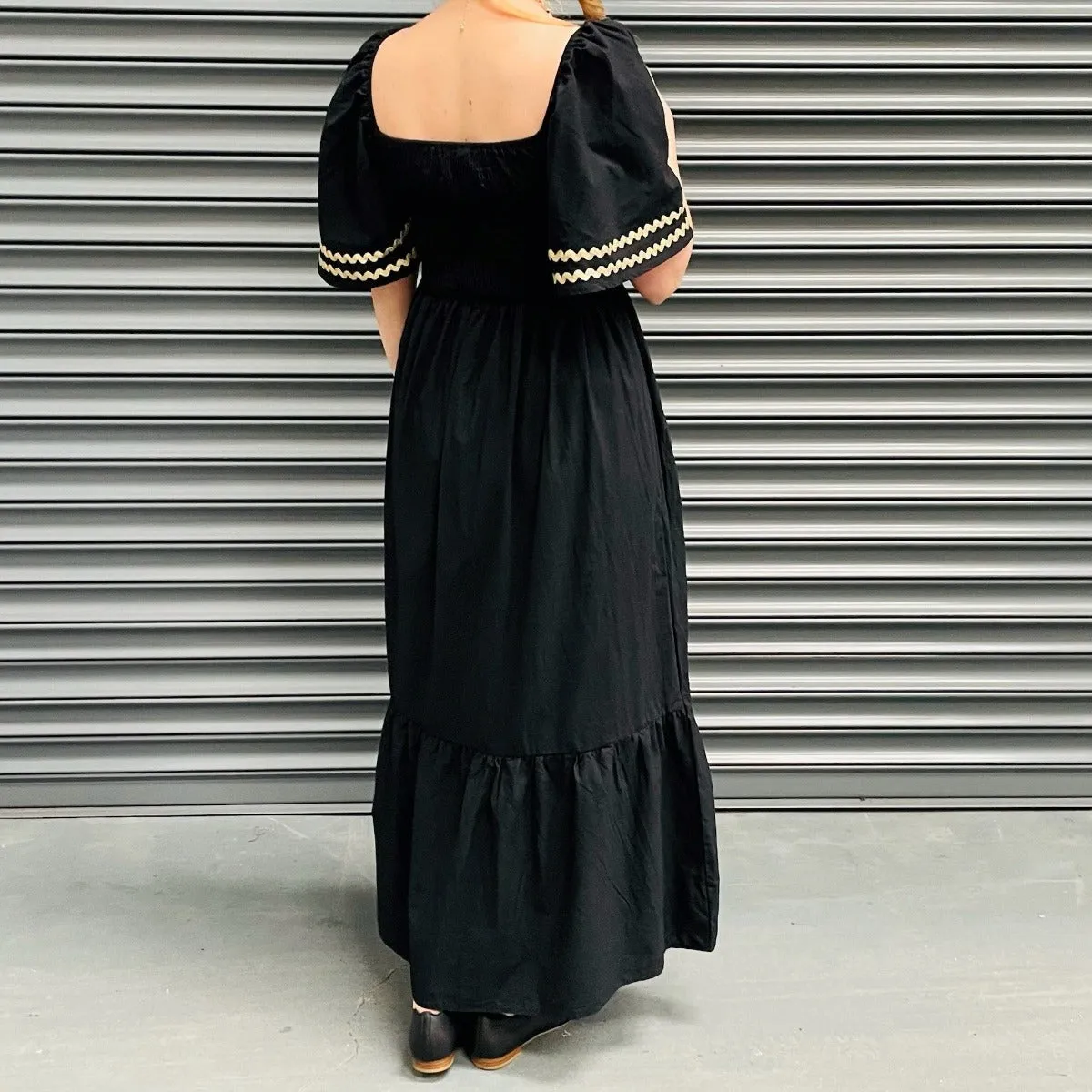 Bell Sleeved Gold Trim Dress Black