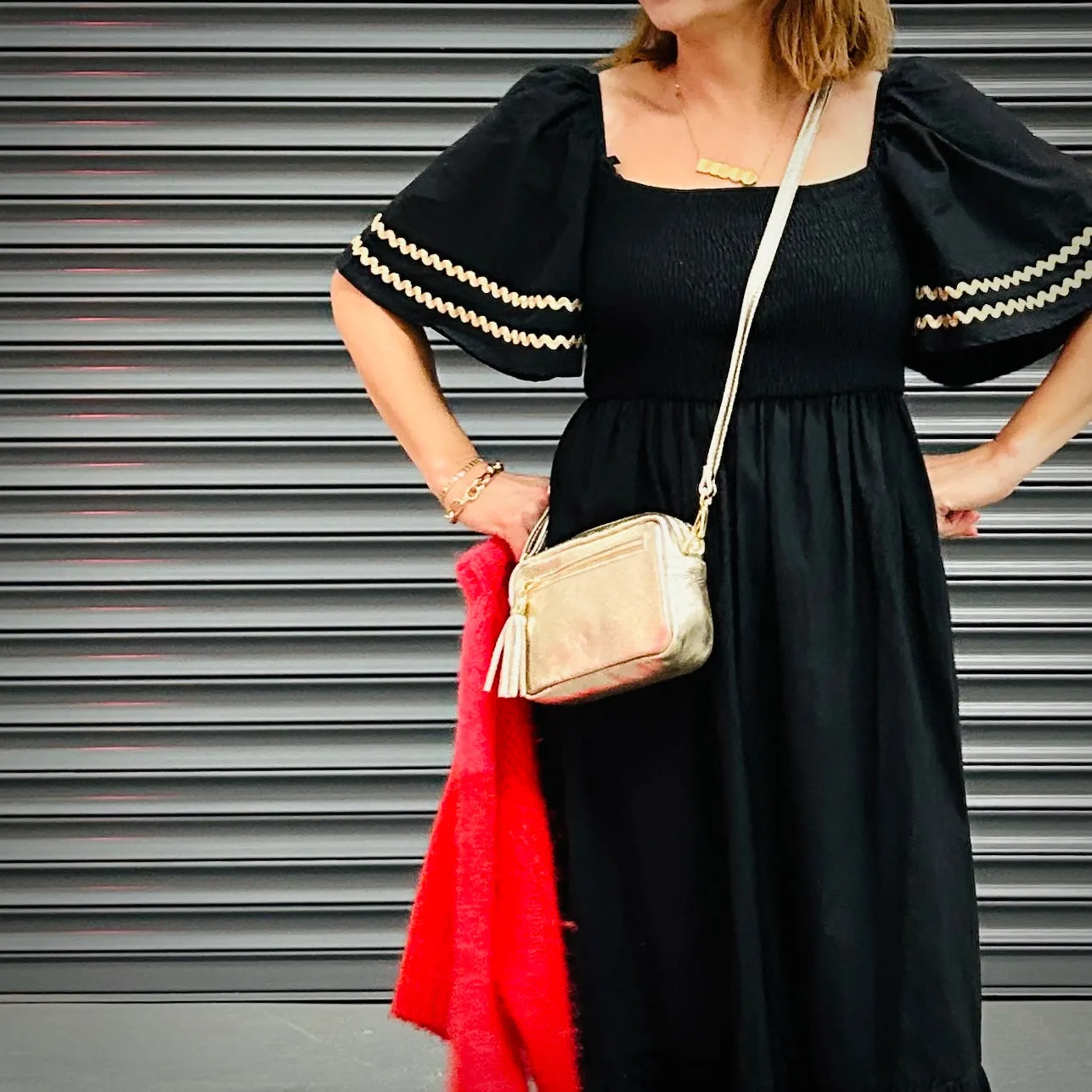 Bell Sleeved Gold Trim Dress Black