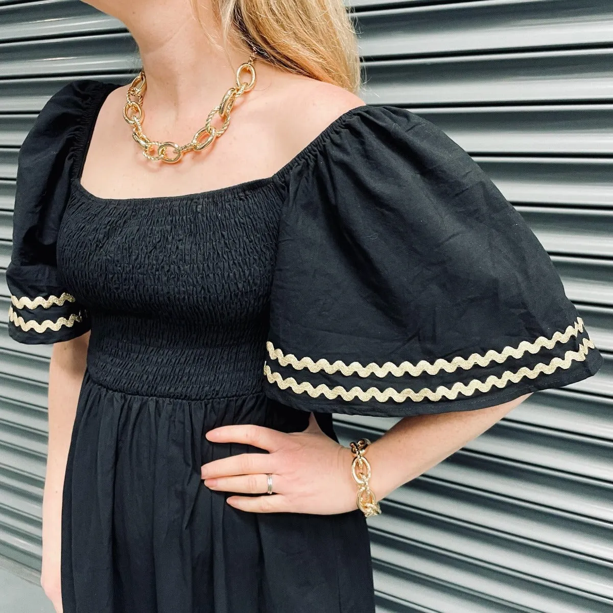 Bell Sleeved Gold Trim Dress Black