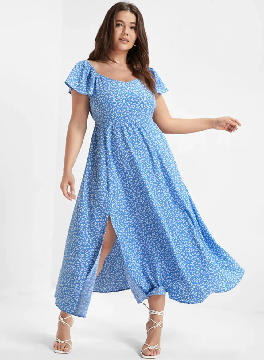 BLOOMCHIC DITSY FLORAL SQUARE NECK FLUTTER SLEEVE DRESS WITH SIDE SLIT