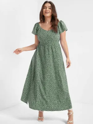 BLOOMCHIC DITSY FLORAL SQUARE NECK FLUTTER SLEEVE DRESS WITH SIDE SLIT