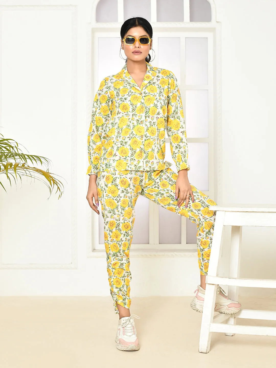 Elaura Cotton Hand-Printed Lapel Collared Co-Ord Set