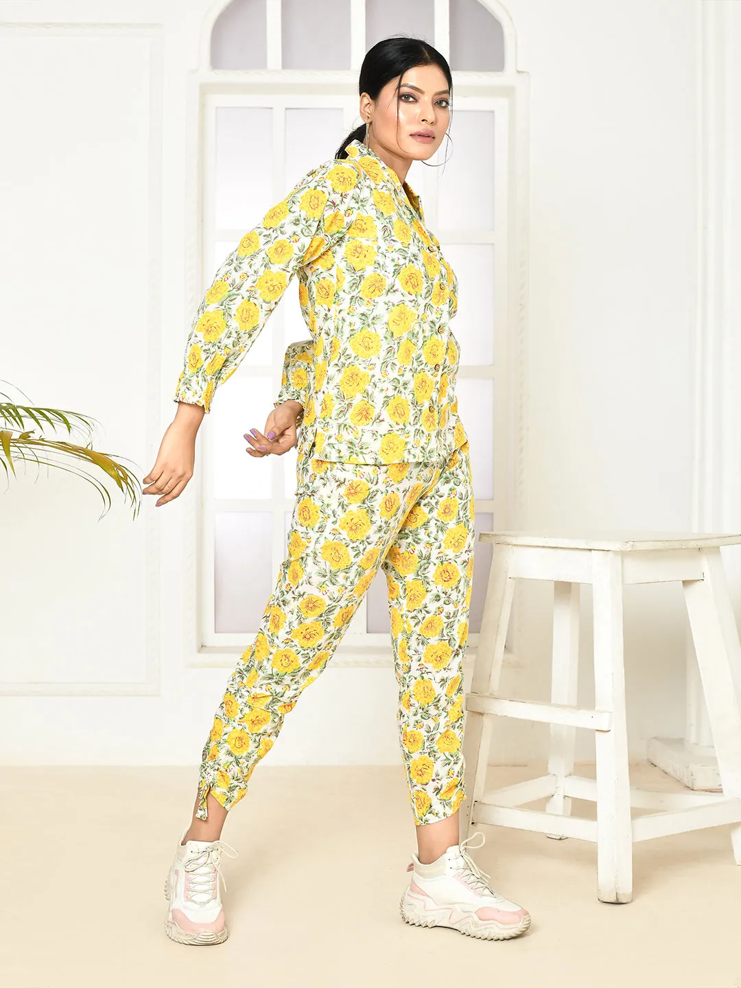 Elaura Cotton Hand-Printed Lapel Collared Co-Ord Set