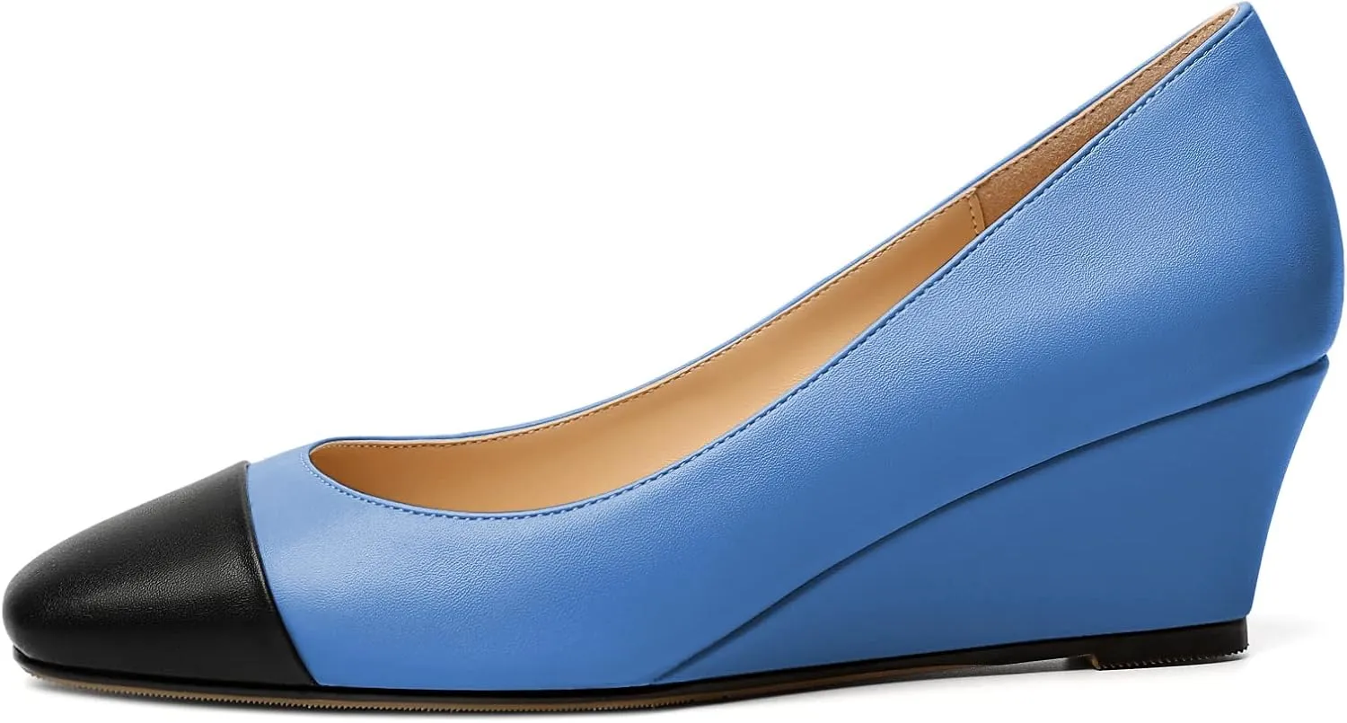 Eldof Women's Square Toe Slip On Low Heel Wedge Pumps Shoes 2 Inch Cap Toe Wedges Heels for Dress Working Evening