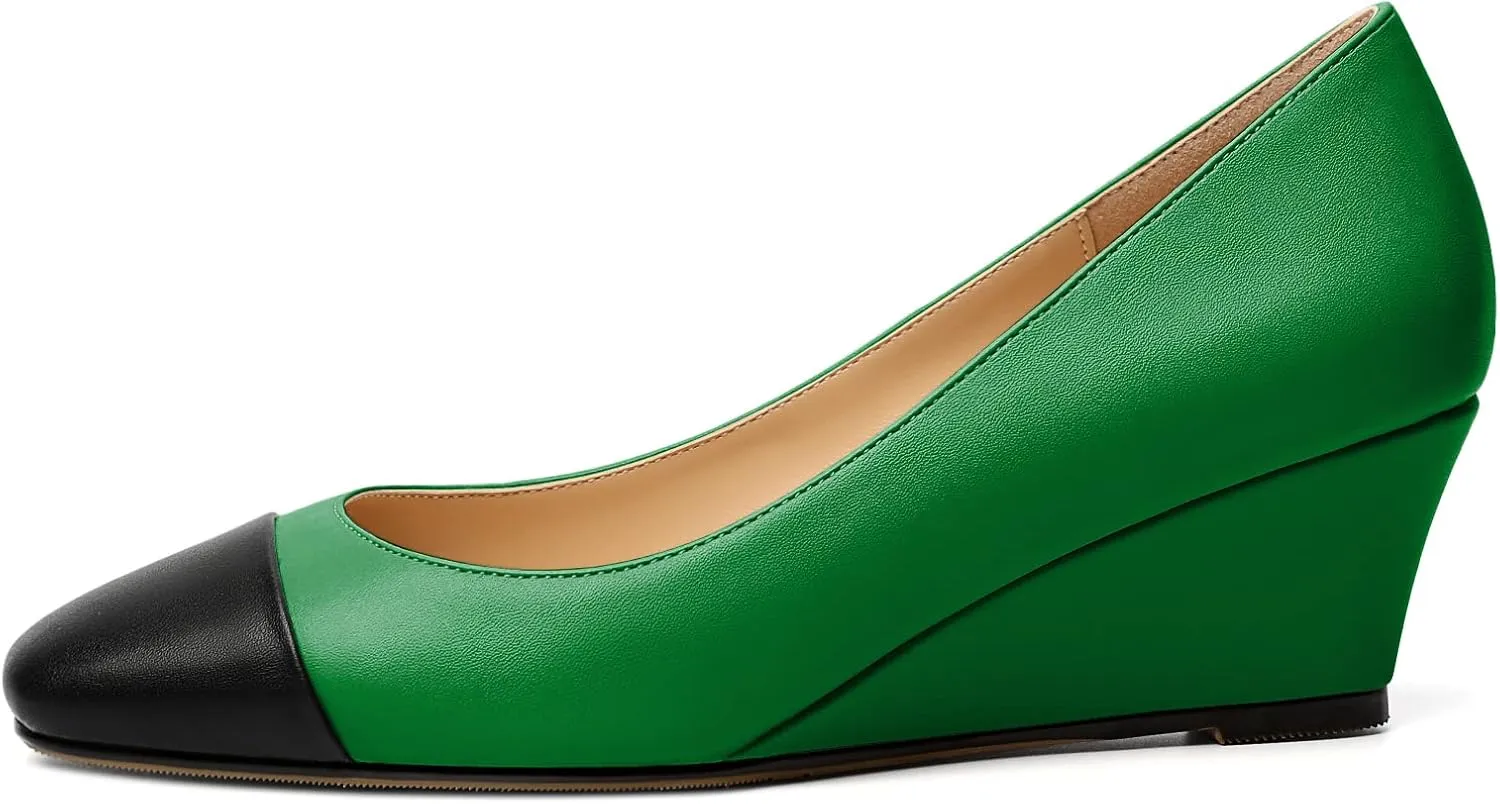 Eldof Women's Square Toe Slip On Low Heel Wedge Pumps Shoes 2 Inch Cap Toe Wedges Heels for Dress Working Evening