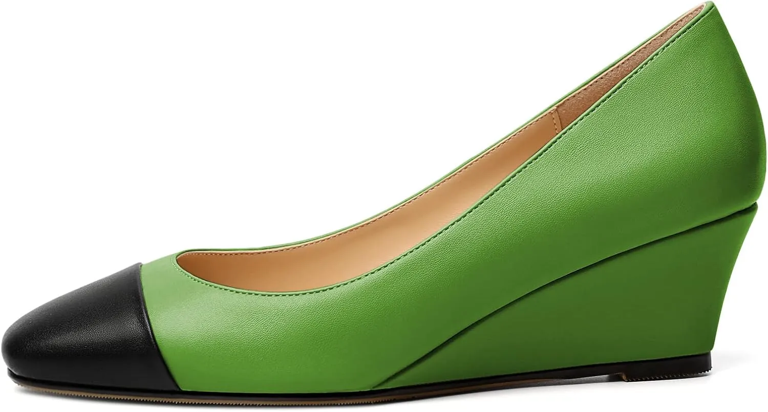 Eldof Women's Square Toe Slip On Low Heel Wedge Pumps Shoes 2 Inch Cap Toe Wedges Heels for Dress Working Evening