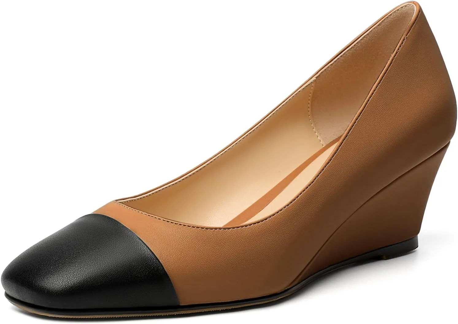 Eldof Women's Square Toe Slip On Low Heel Wedge Pumps Shoes 2 Inch Cap Toe Wedges Heels for Dress Working Evening