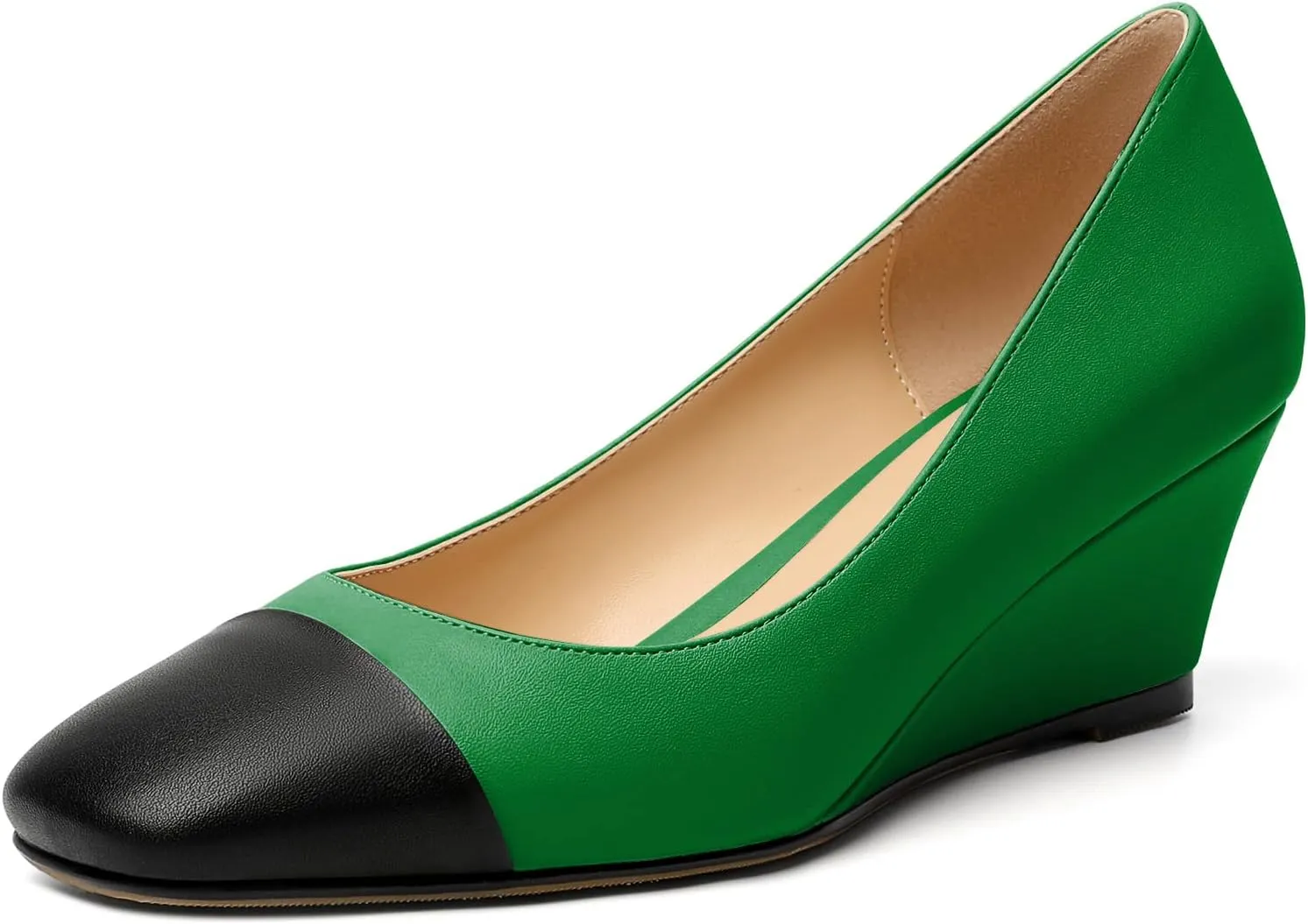 Eldof Women's Square Toe Slip On Low Heel Wedge Pumps Shoes 2 Inch Cap Toe Wedges Heels for Dress Working Evening