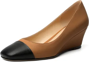 Eldof Women's Square Toe Slip On Low Heel Wedge Pumps Shoes 2 Inch Cap Toe Wedges Heels for Dress Working Evening
