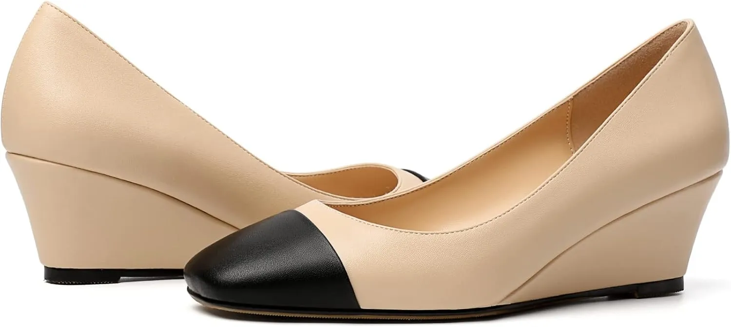 Eldof Women's Square Toe Slip On Low Heel Wedge Pumps Shoes 2 Inch Cap Toe Wedges Heels for Dress Working Evening