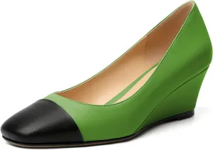 Eldof Women's Square Toe Slip On Low Heel Wedge Pumps Shoes 2 Inch Cap Toe Wedges Heels for Dress Working Evening