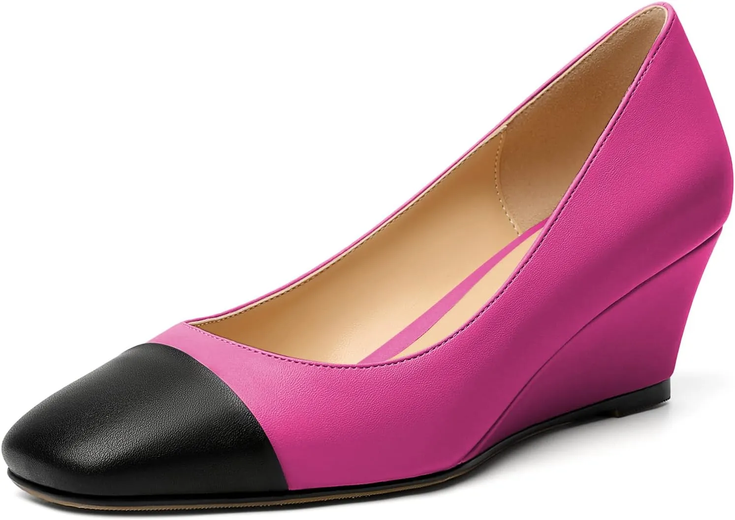 Eldof Women's Square Toe Slip On Low Heel Wedge Pumps Shoes 2 Inch Cap Toe Wedges Heels for Dress Working Evening