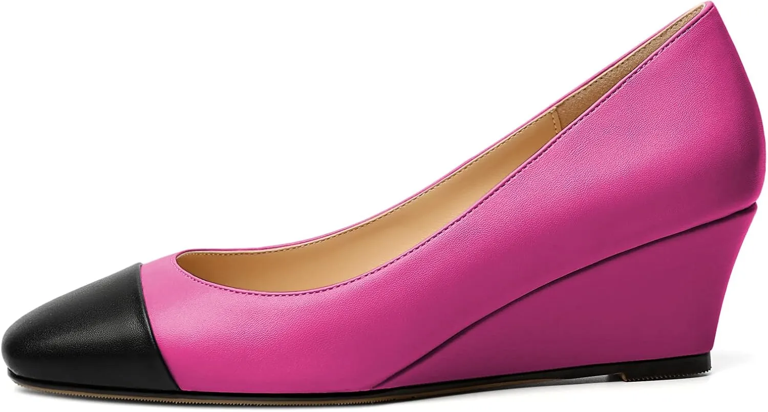 Eldof Women's Square Toe Slip On Low Heel Wedge Pumps Shoes 2 Inch Cap Toe Wedges Heels for Dress Working Evening