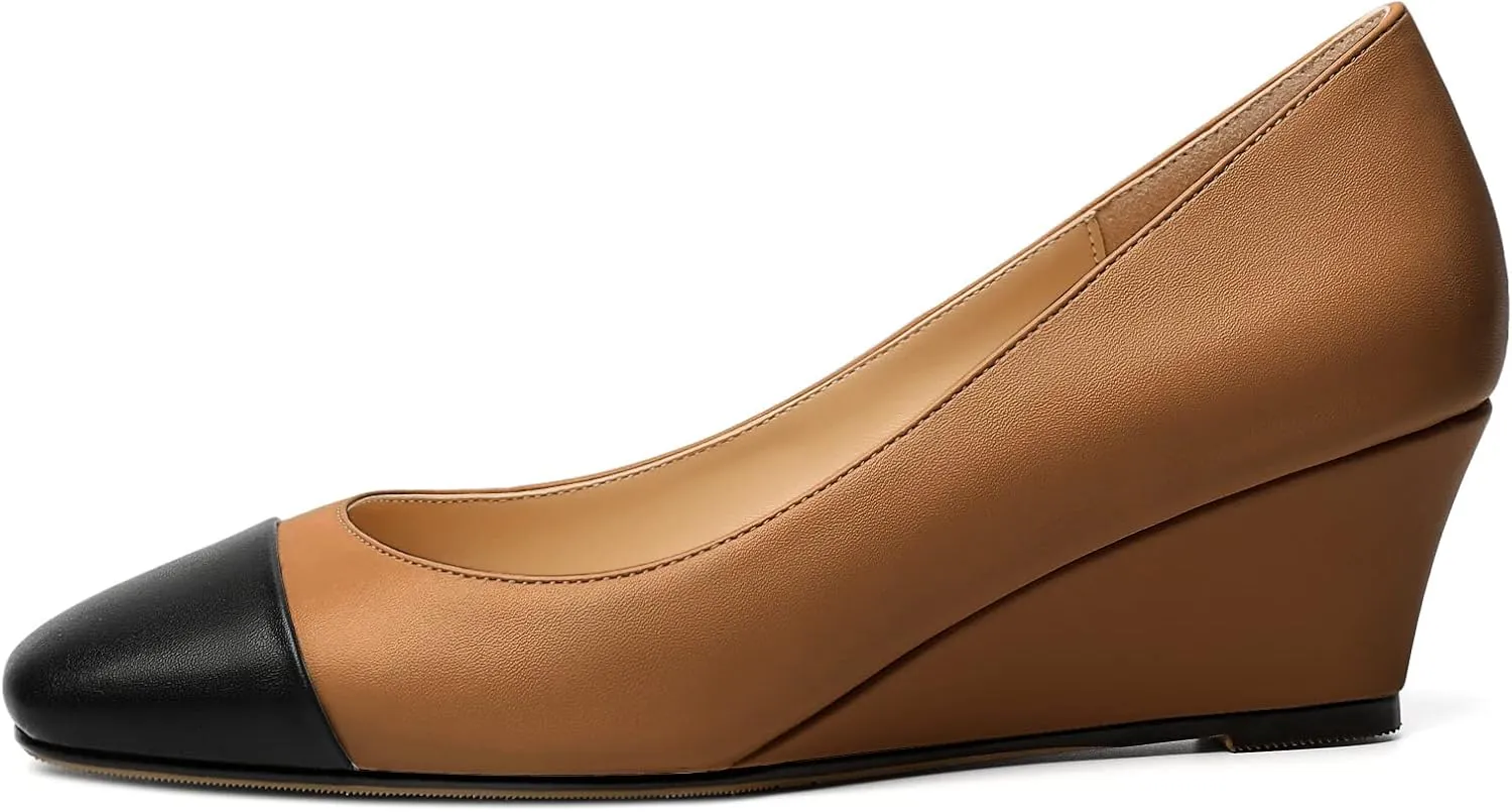 Eldof Women's Square Toe Slip On Low Heel Wedge Pumps Shoes 2 Inch Cap Toe Wedges Heels for Dress Working Evening
