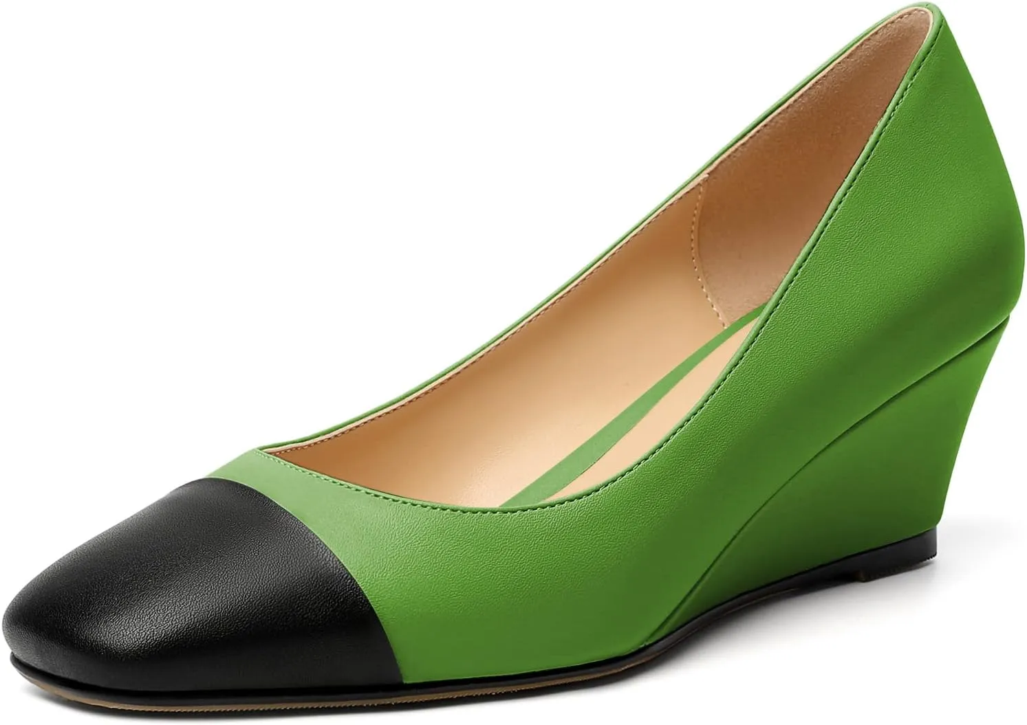 Eldof Women's Square Toe Slip On Low Heel Wedge Pumps Shoes 2 Inch Cap Toe Wedges Heels for Dress Working Evening