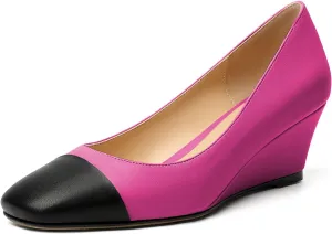 Eldof Women's Square Toe Slip On Low Heel Wedge Pumps Shoes 2 Inch Cap Toe Wedges Heels for Dress Working Evening