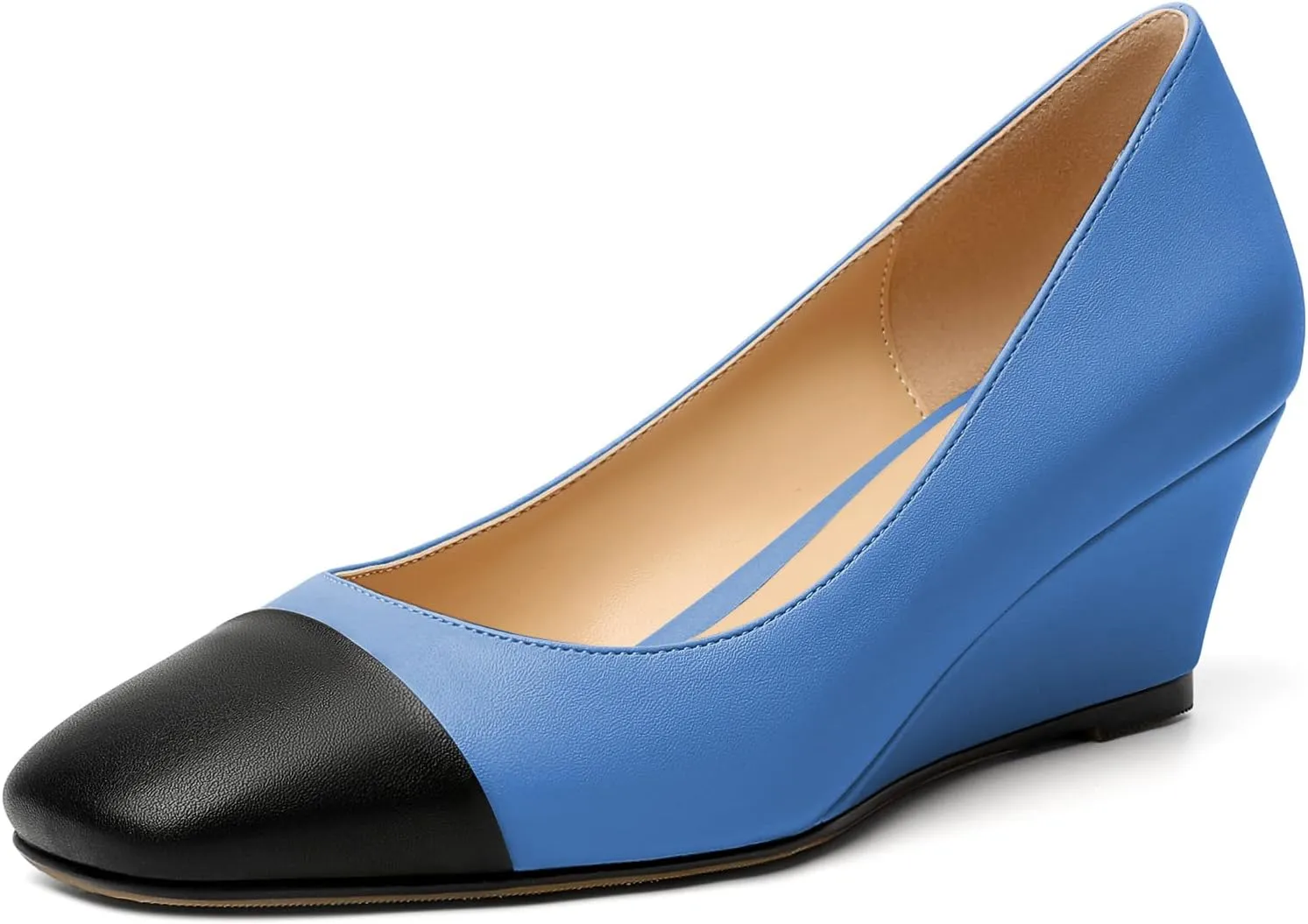 Eldof Women's Square Toe Slip On Low Heel Wedge Pumps Shoes 2 Inch Cap Toe Wedges Heels for Dress Working Evening