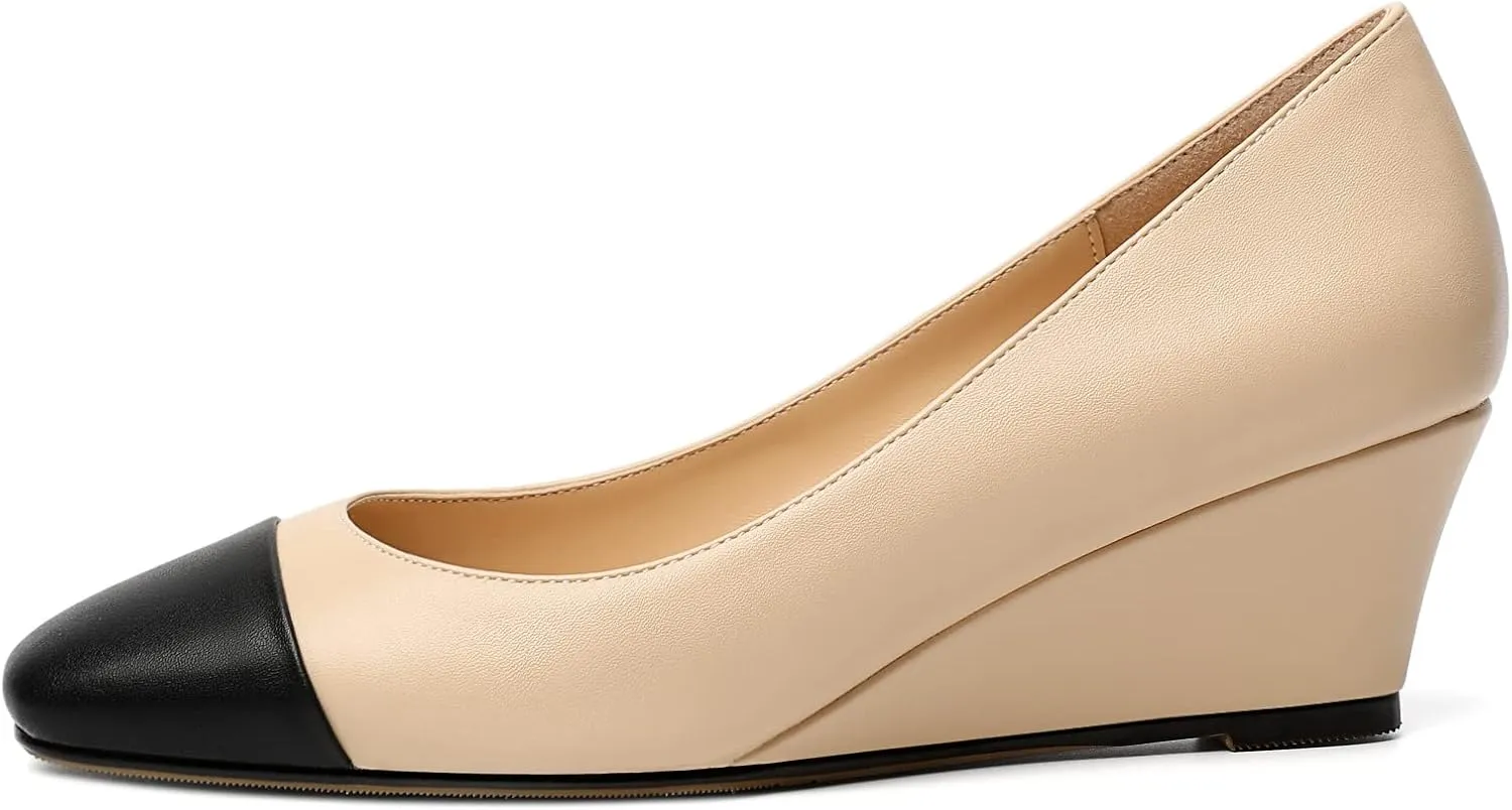 Eldof Women's Square Toe Slip On Low Heel Wedge Pumps Shoes 2 Inch Cap Toe Wedges Heels for Dress Working Evening
