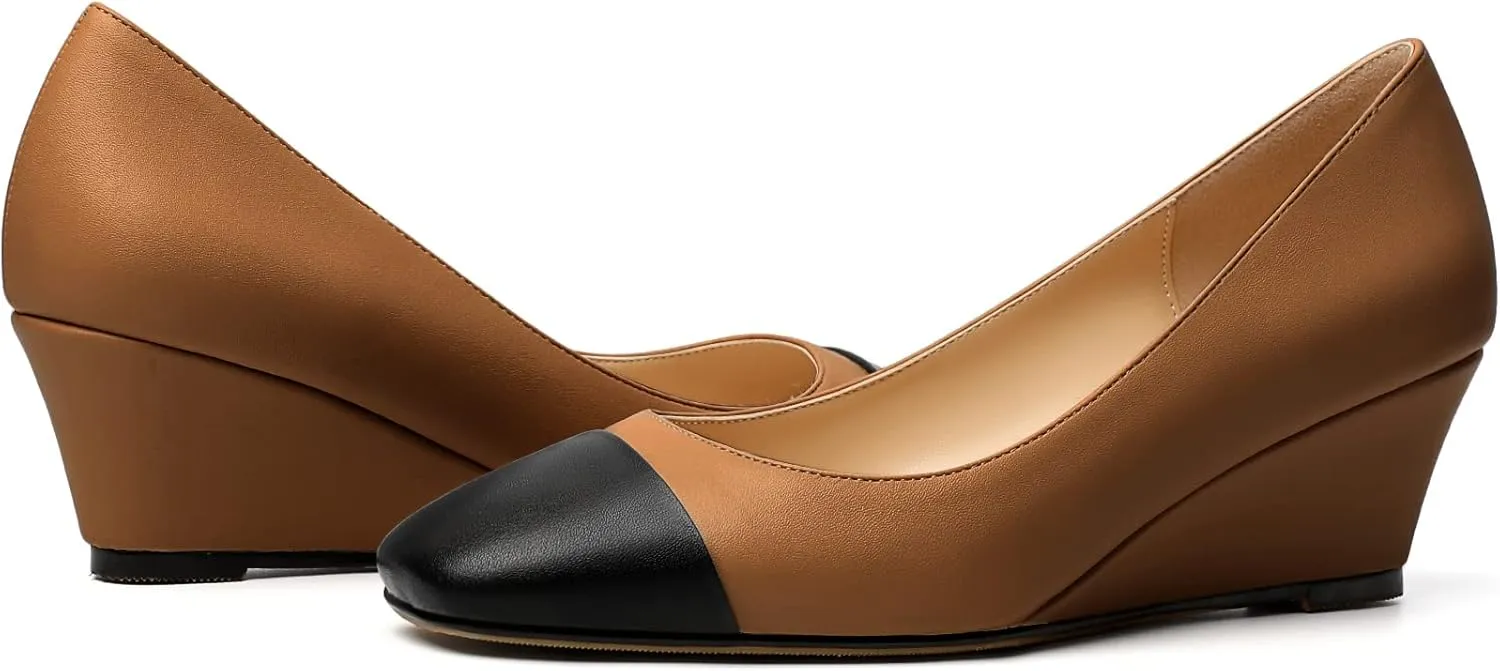 Eldof Women's Square Toe Slip On Low Heel Wedge Pumps Shoes 2 Inch Cap Toe Wedges Heels for Dress Working Evening