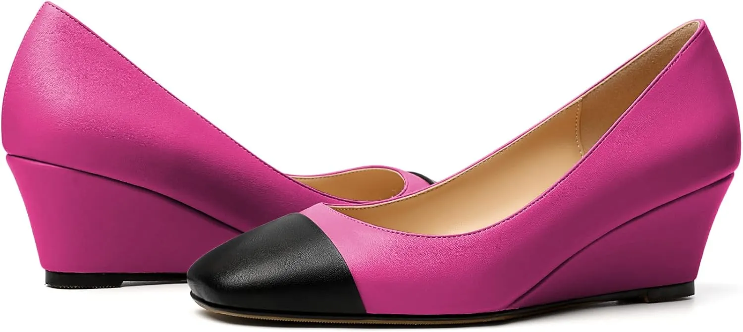 Eldof Women's Square Toe Slip On Low Heel Wedge Pumps Shoes 2 Inch Cap Toe Wedges Heels for Dress Working Evening