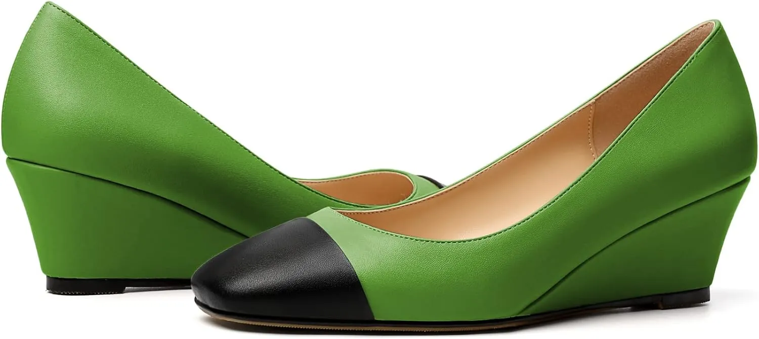 Eldof Women's Square Toe Slip On Low Heel Wedge Pumps Shoes 2 Inch Cap Toe Wedges Heels for Dress Working Evening