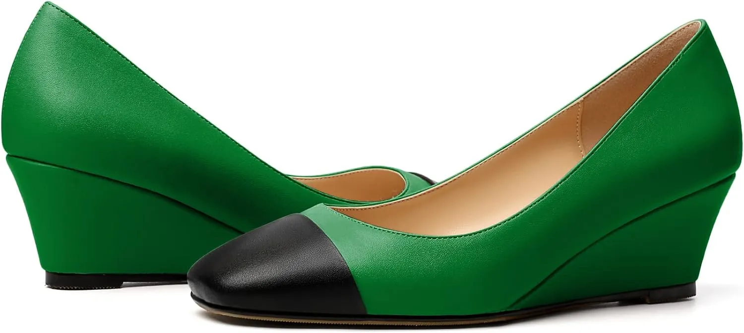 Eldof Women's Square Toe Slip On Low Heel Wedge Pumps Shoes 2 Inch Cap Toe Wedges Heels for Dress Working Evening