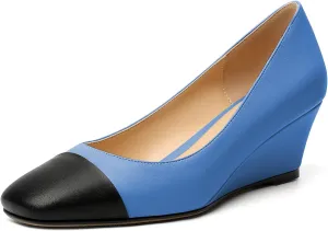 Eldof Women's Square Toe Slip On Low Heel Wedge Pumps Shoes 2 Inch Cap Toe Wedges Heels for Dress Working Evening