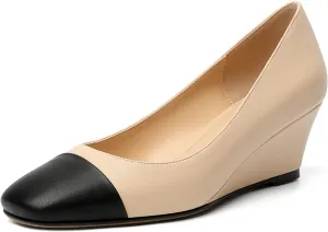 Eldof Women's Square Toe Slip On Low Heel Wedge Pumps Shoes 2 Inch Cap Toe Wedges Heels for Dress Working Evening