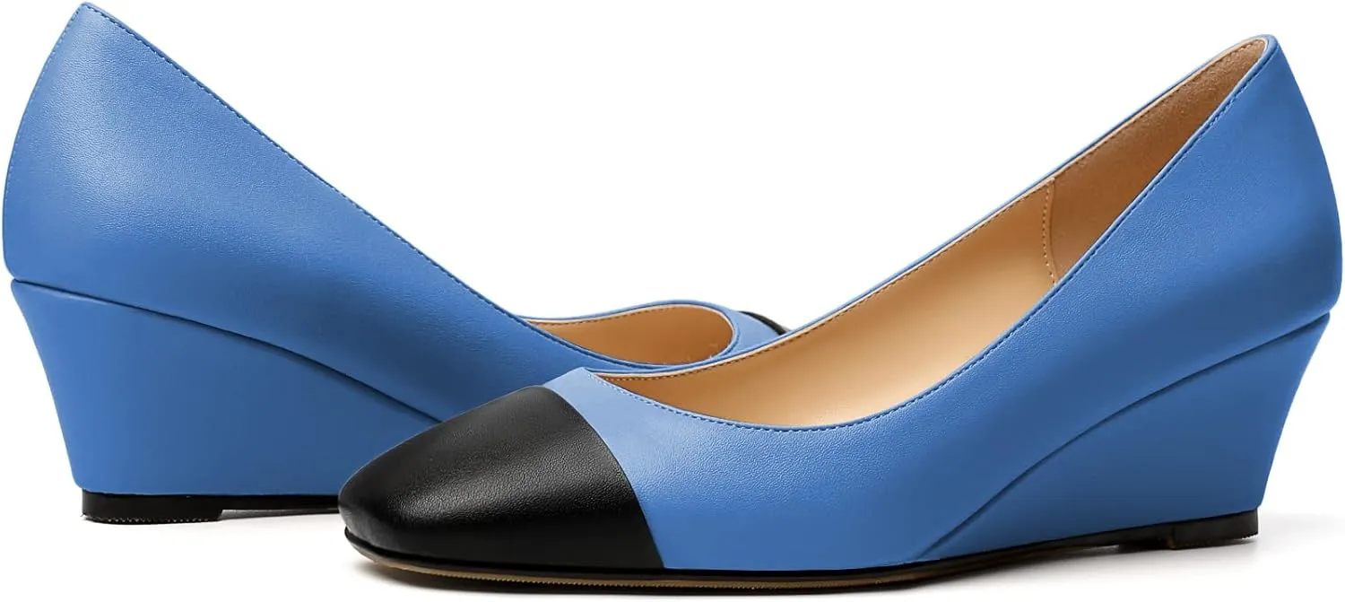 Eldof Women's Square Toe Slip On Low Heel Wedge Pumps Shoes 2 Inch Cap Toe Wedges Heels for Dress Working Evening
