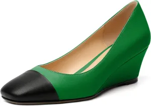Eldof Women's Square Toe Slip On Low Heel Wedge Pumps Shoes 2 Inch Cap Toe Wedges Heels for Dress Working Evening