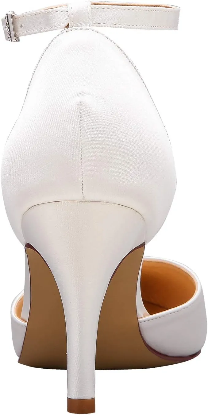 ELEGANTPARK Heels for Women Pointed Toe High Heel Pumps Satin Ankle Strap Wedding Bridal Evening Party Dress Shoes