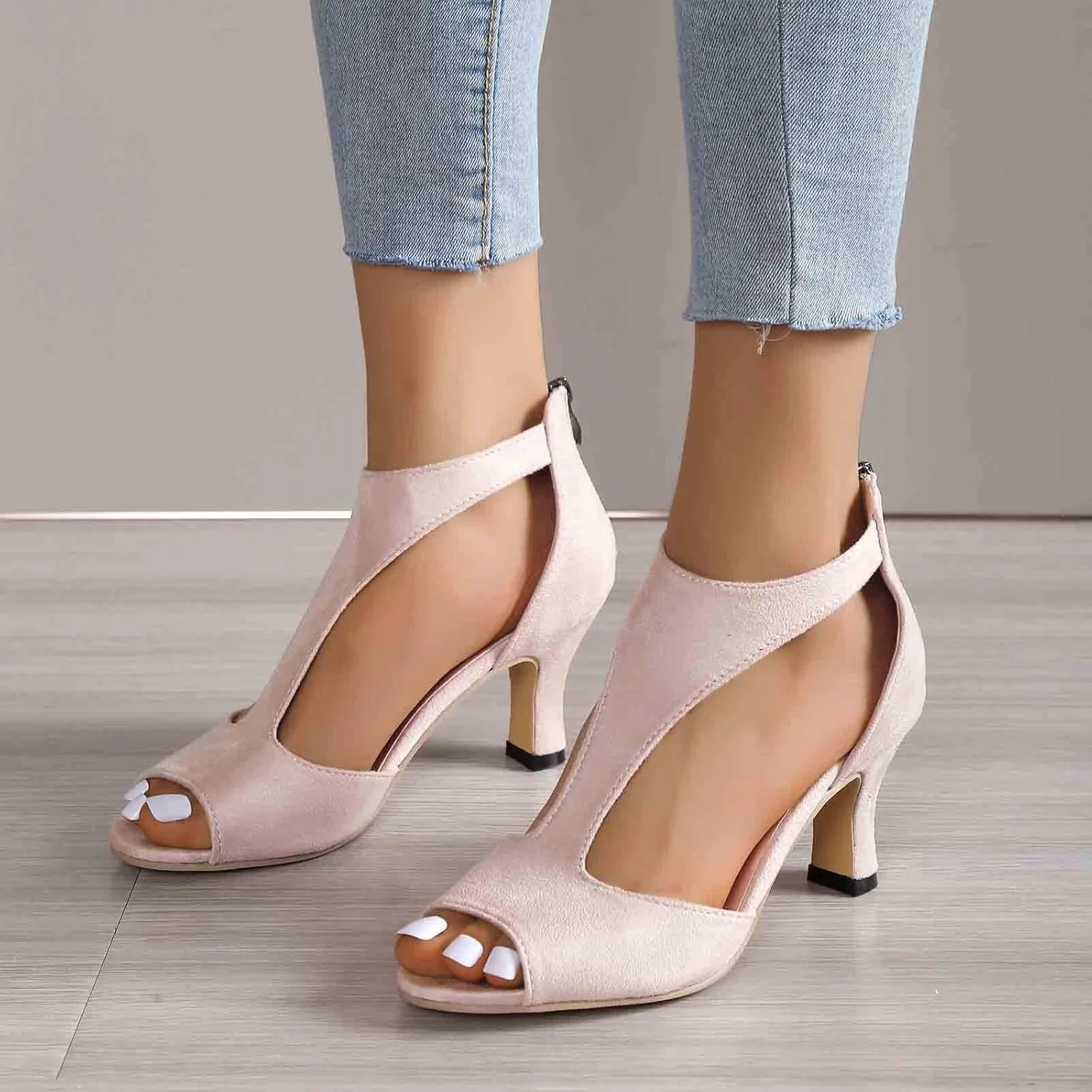 EMRELOD Mid Heeled Sandals for Women Dressy Summer Open Toe T-Strap Pumps Sandals Fashion Black Back Zip Party Wedding Dress Shoes Fashion Elegant Sandal (02-Beige, 6)
