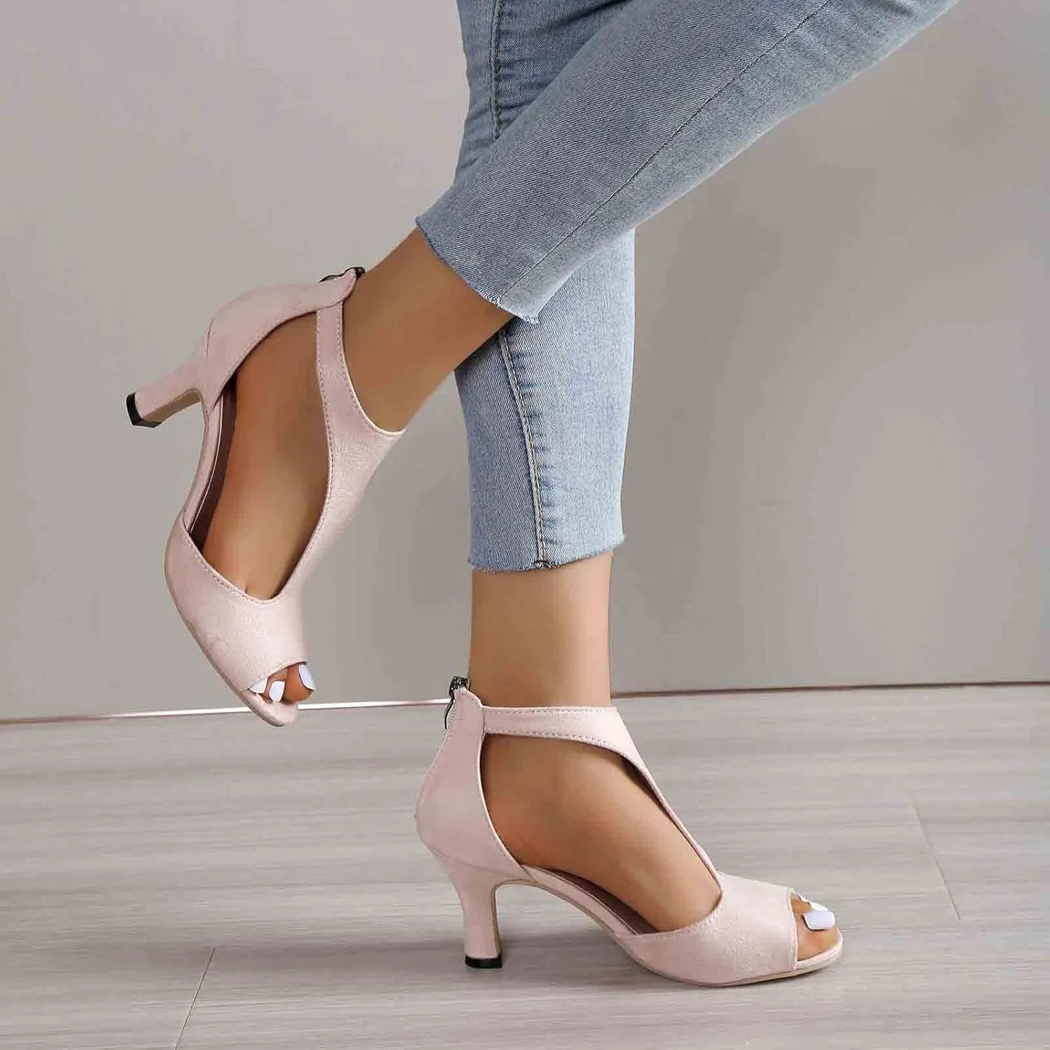 EMRELOD Mid Heeled Sandals for Women Dressy Summer Open Toe T-Strap Pumps Sandals Fashion Black Back Zip Party Wedding Dress Shoes Fashion Elegant Sandal (02-Beige, 6)