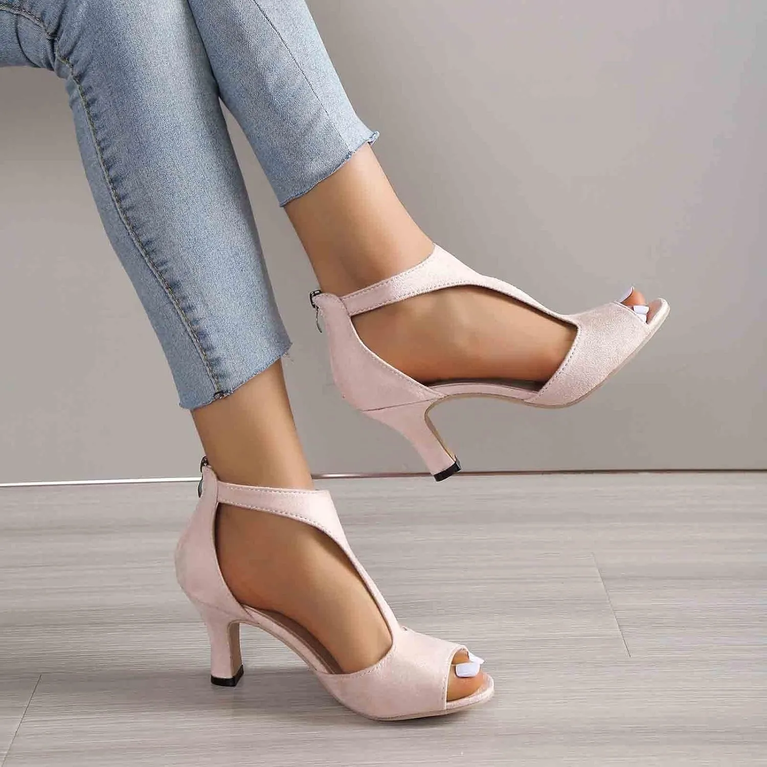 EMRELOD Mid Heeled Sandals for Women Dressy Summer Open Toe T-Strap Pumps Sandals Fashion Black Back Zip Party Wedding Dress Shoes Fashion Elegant Sandal (02-Beige, 6)
