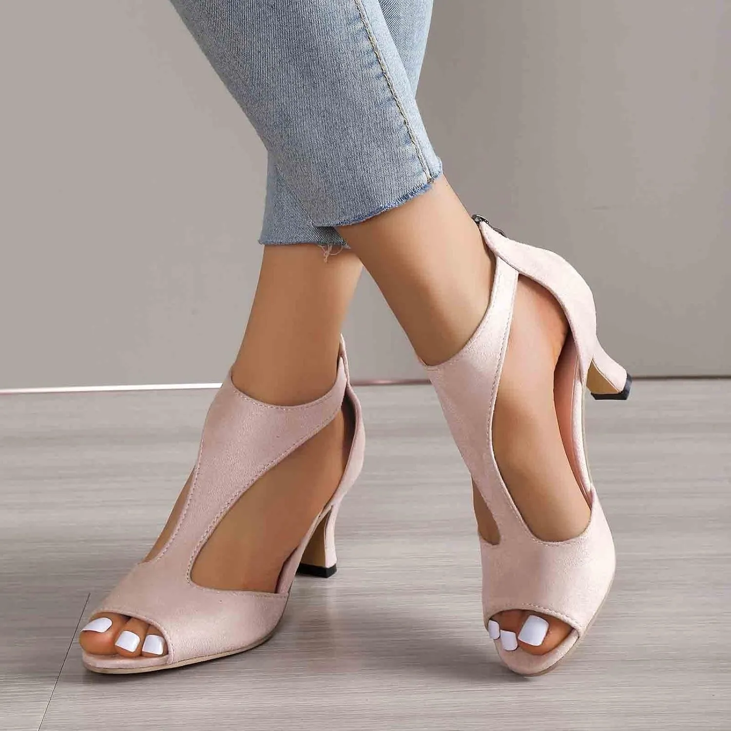EMRELOD Mid Heeled Sandals for Women Dressy Summer Open Toe T-Strap Pumps Sandals Fashion Black Back Zip Party Wedding Dress Shoes Fashion Elegant Sandal (02-Beige, 6)