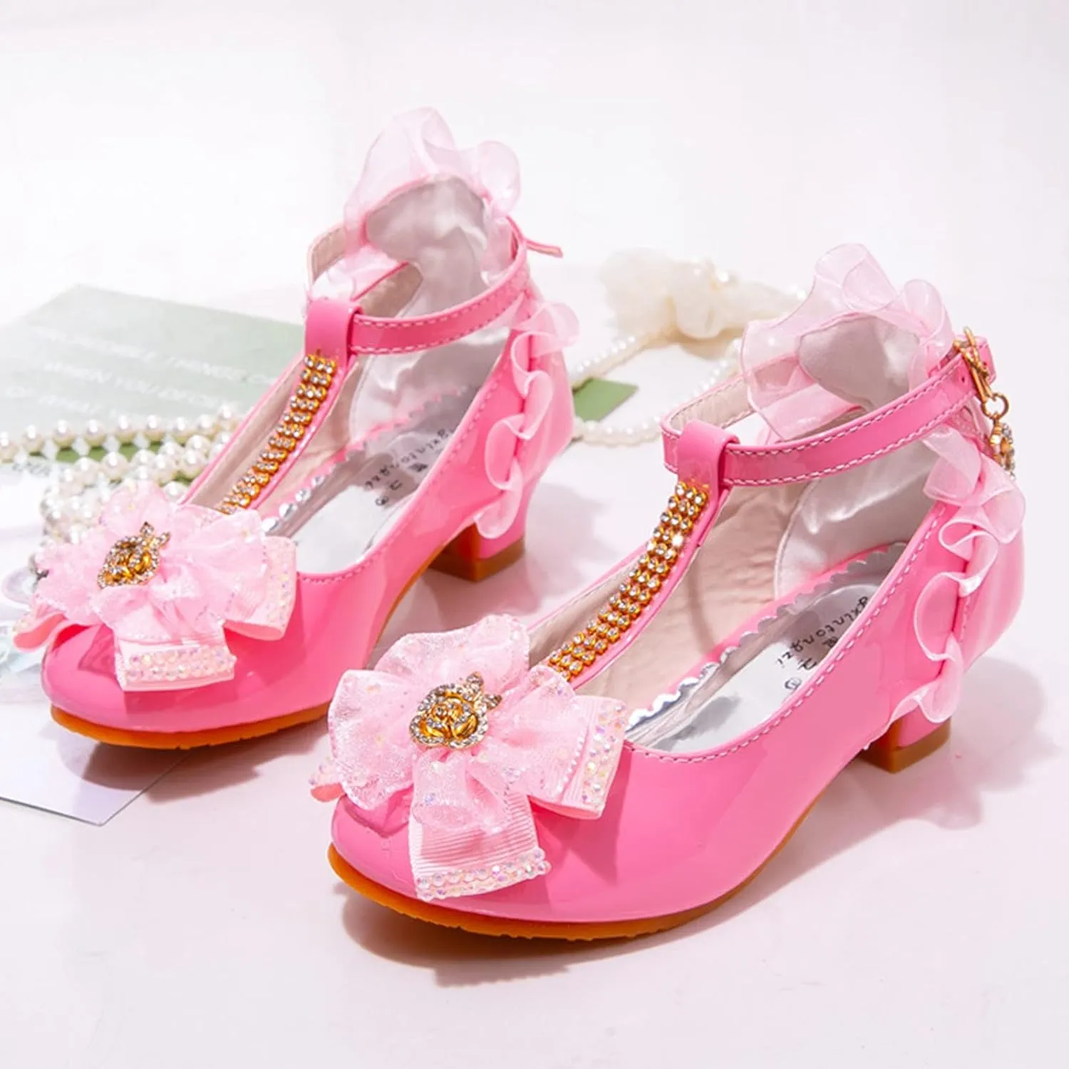 Fashion Dress Sandals for Little Girls Lace Floral Decoration Mid Heel Shiny Diamond Model Catwalk Shoes