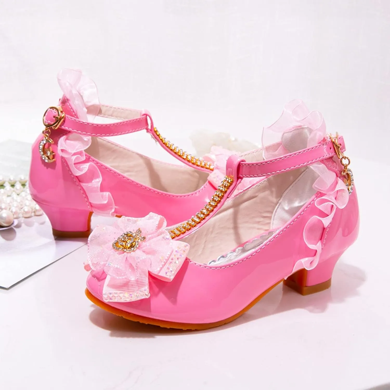 Fashion Dress Sandals for Little Girls Lace Floral Decoration Mid Heel Shiny Diamond Model Catwalk Shoes