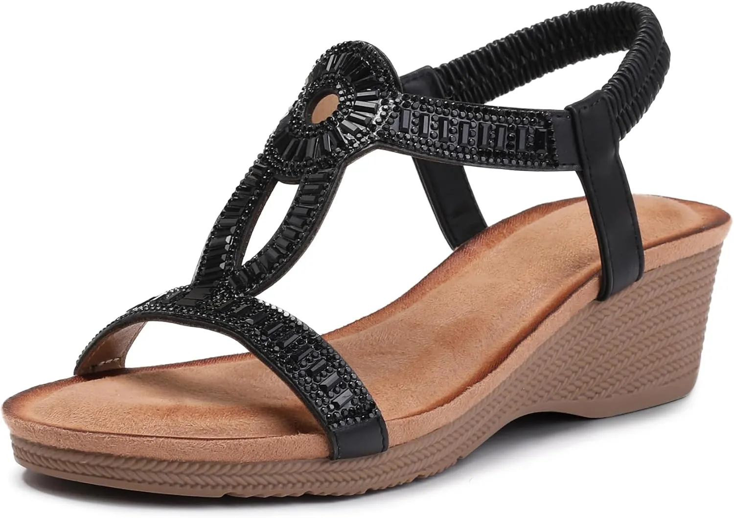 FRALOSHA Wedge Sandals for Women Dressy Elastic Ankle Strap Rhinestone Casual Summer Low Heel Comfortable Shoe