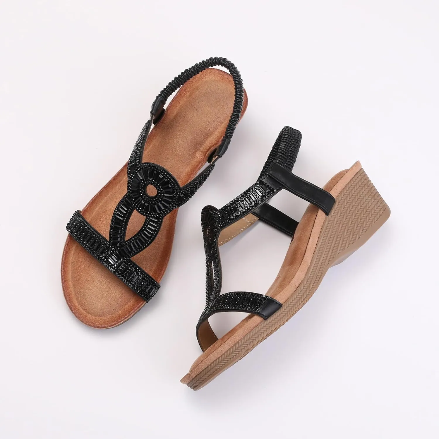 FRALOSHA Wedge Sandals for Women Dressy Elastic Ankle Strap Rhinestone Casual Summer Low Heel Comfortable Shoe