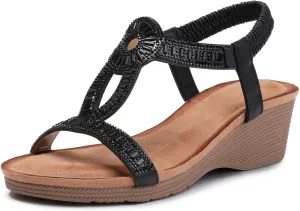 FRALOSHA Wedge Sandals for Women Dressy Elastic Ankle Strap Rhinestone Casual Summer Low Heel Comfortable Shoe