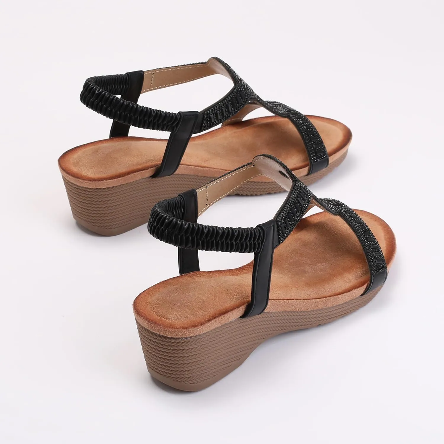 FRALOSHA Wedge Sandals for Women Dressy Elastic Ankle Strap Rhinestone Casual Summer Low Heel Comfortable Shoe