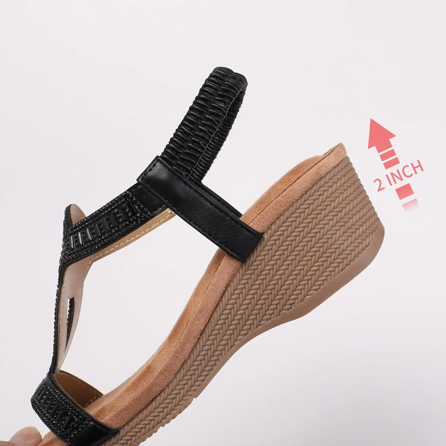 FRALOSHA Wedge Sandals for Women Dressy Elastic Ankle Strap Rhinestone Casual Summer Low Heel Comfortable Shoe