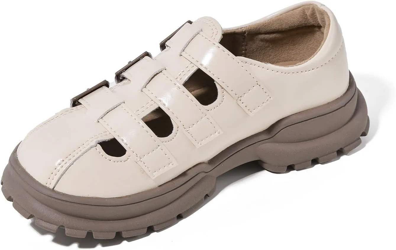 Girls Patent Leather Platform Loafers, Triple Buckle Strap, Black