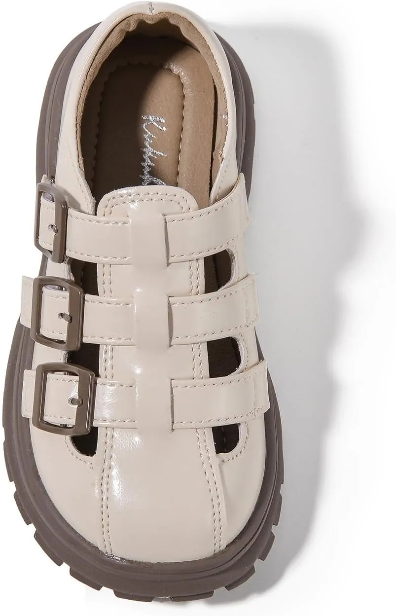 Girls Patent Leather Platform Loafers, Triple Buckle Strap, Black
