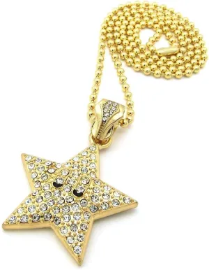 Gold Silver Plated Mario Star Bling Charm Pendant & 3mm 27" Ball Chain Hip Hop Style Fashion Necklace Gold Silver Plated Mario Star Bling Charm Pendant & 3mm 27" Ball Chain Hip Hop Style Fashion Necklace