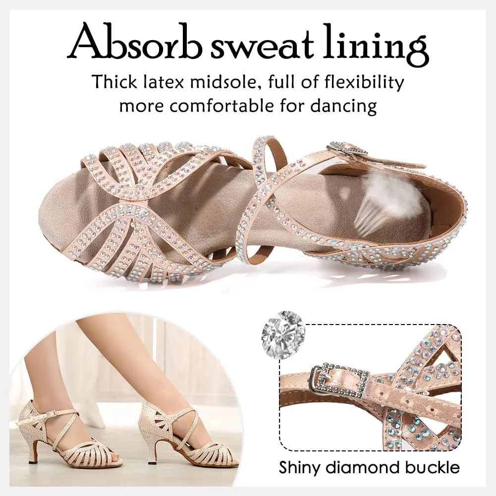 HIPPOSEUS Women's Professional Latin Dance Shoes Rhinestones Ballroom Salsa Bachata Practice Performance Dance Heels Suede Sole